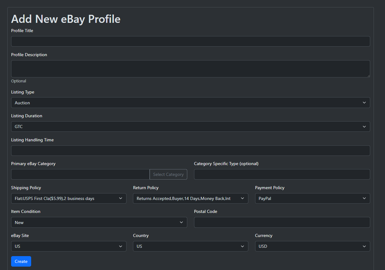 Add New eBay Profile Form