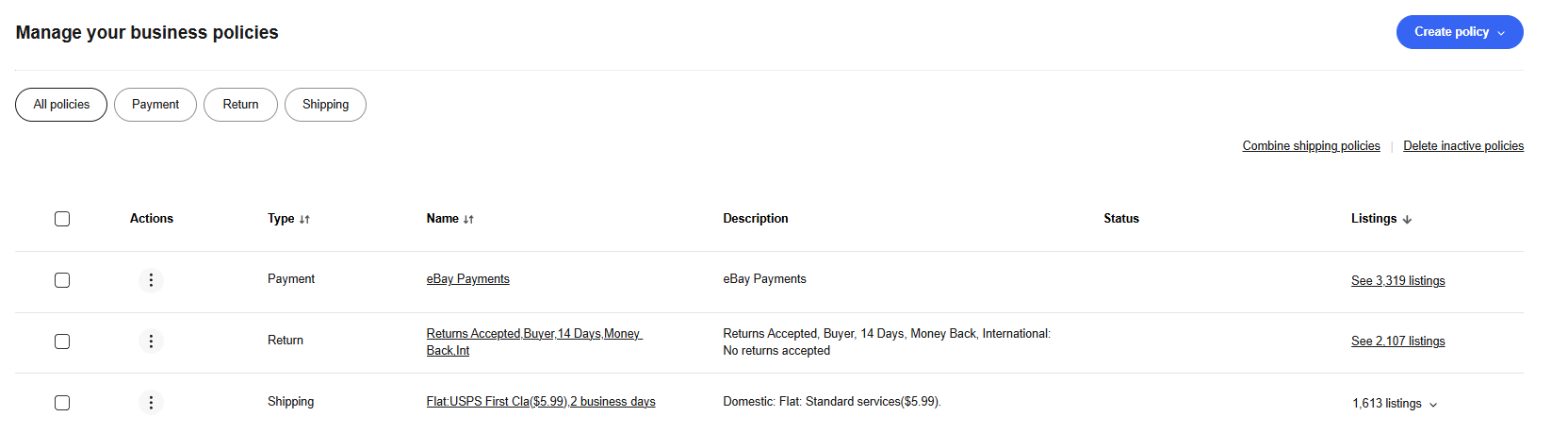 eBay Business Policies Management Page