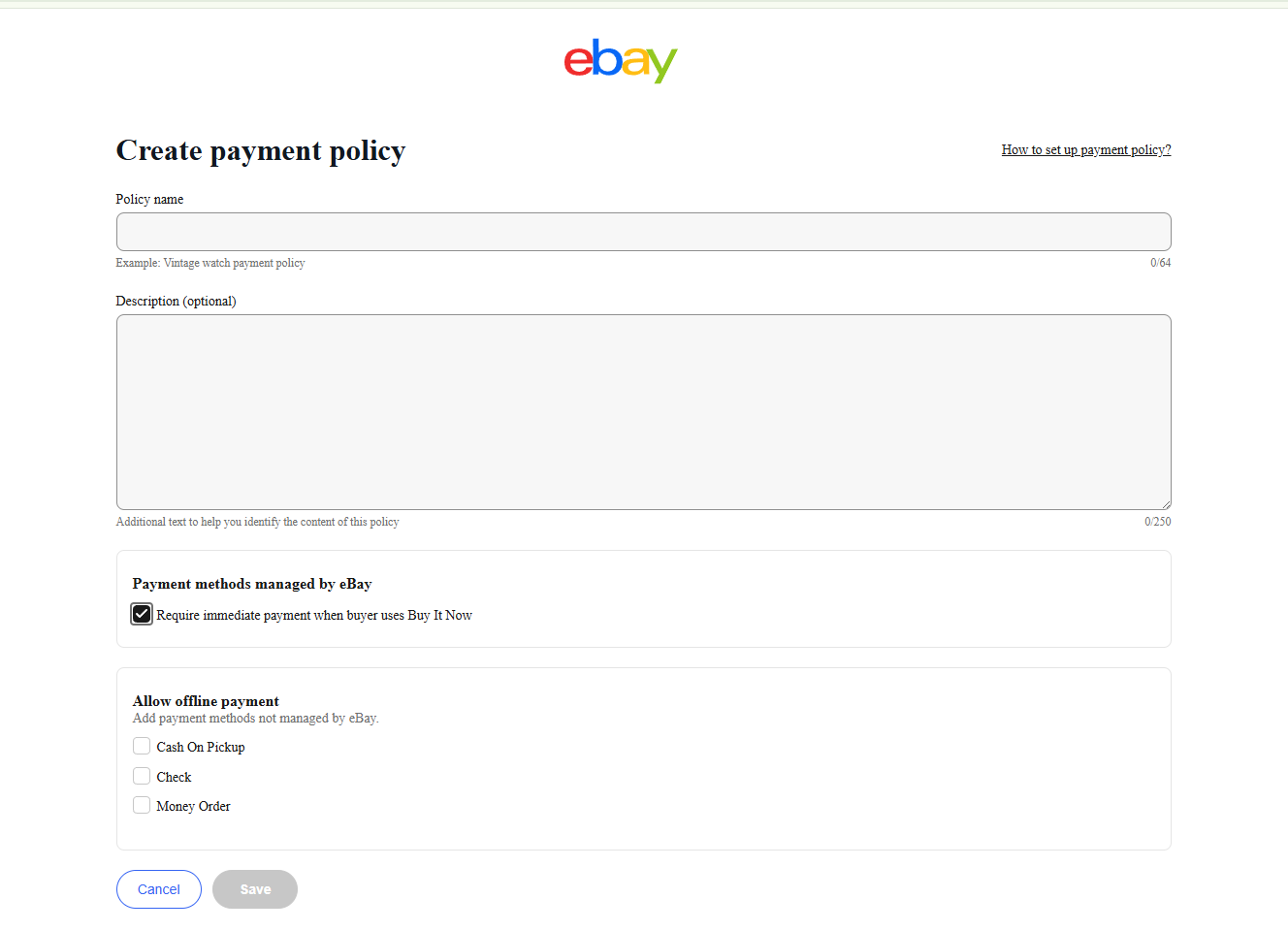 eBay Payment Policy Creation Form