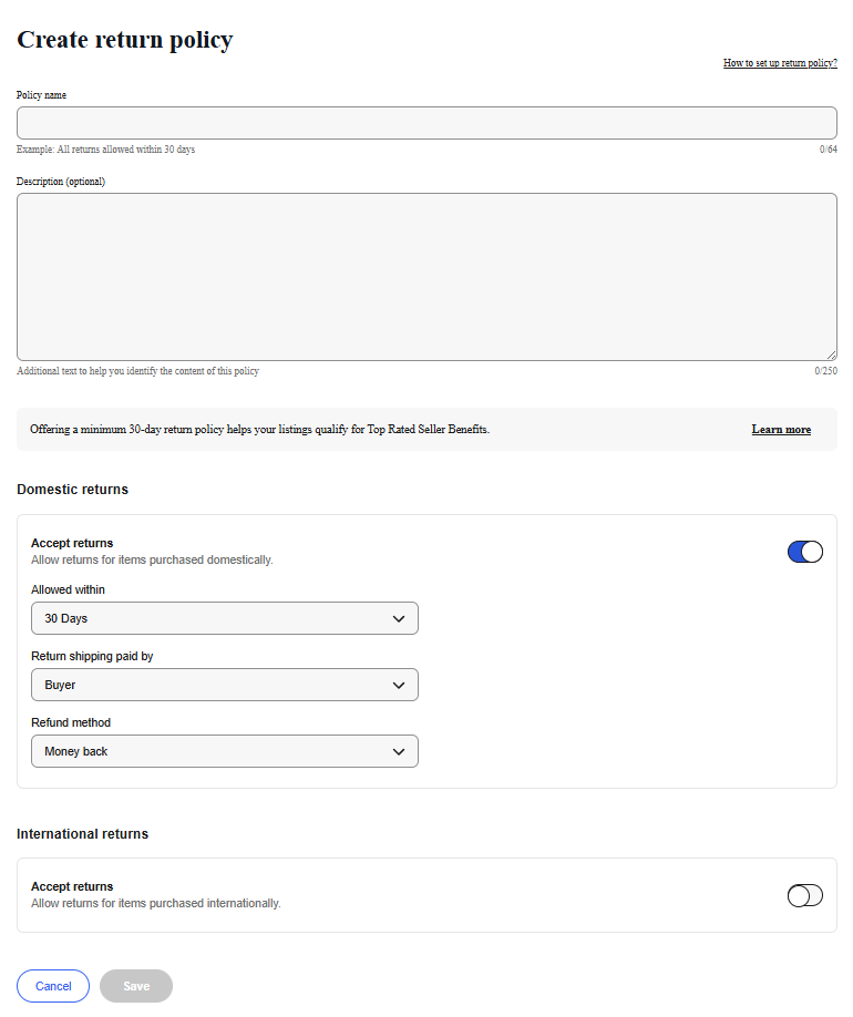 eBay Return Policy Creation Form