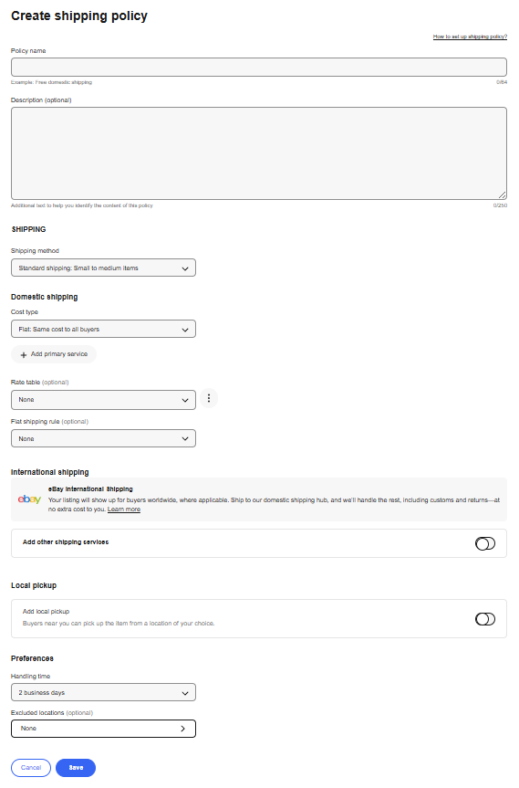 eBay Shipping Policy Creation Form